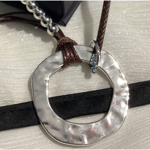 Boho Style Pearl Bead Brown Cord Layered Necklace with Statement Ring Accent - Picture 12 of 16